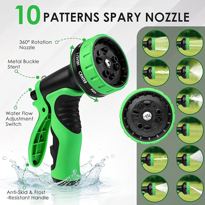 Garden Hose 50 FT, Non-Expanding Lightweight High-Pressure Water Hose with 10 Spray Nozzle, Portable No Kink Flexible Garden Hoses Pipe for Outdoor, Lawn, Yard, Car, House(500 PSI Max, 3/4" GHT)