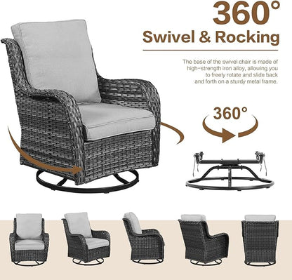 3 Pieces Patio Furniture Conversation Set PE Rattan Wicker Outdoor Swivel Glider Rocker Chairs of 2, Soft Thick Washable Cushion Side Coffee Table for Yard Backyard Deck Porch (Grey/Beige)