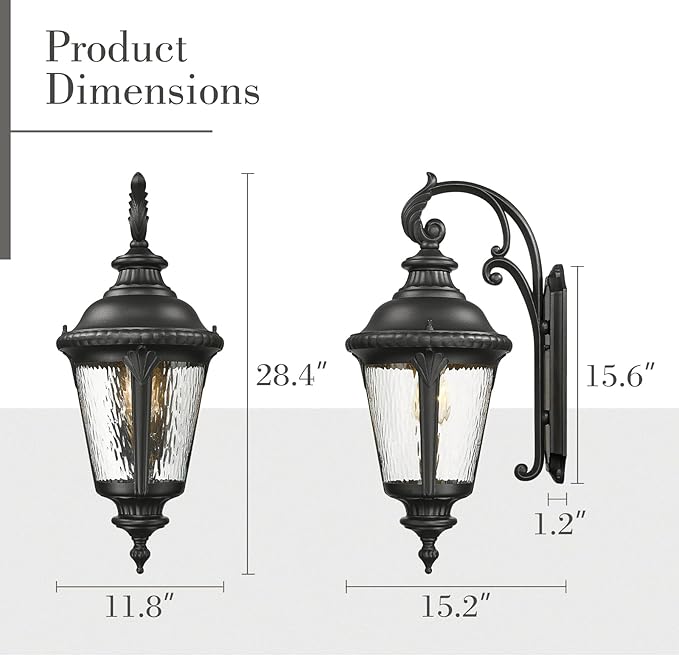 Emliviar 28.4" Large Outdoor Wall Lantern, Farmhouse Exterior Porch Light for House, Black Finish with Water Ripple Glass, XE265B-SW BK