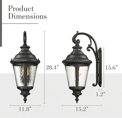 Emliviar 28.4" Large Outdoor Wall Lantern, Farmhouse Exterior Porch Light for House, Black Finish with Water Ripple Glass, XE265B-SW BK
