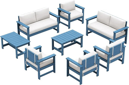 SERWALL 8 Pieces HDPE Outdoor Conversation Sofa Set with Cushions, All Weather Use Couch Loveseat Furniture with Side Table for Balcony, Deck, Poolside, BlueFrame with Khaki Cushions