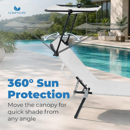 Folding Outdoor Lounge Chair with Canopy - Portable & Adjustable Beach Lounge Chair - 5-Positions, Carry Handles, 600D Fabric, 220 lbs Capacity – Tanning Chaise Lounge for Beach, Patio, Lawn