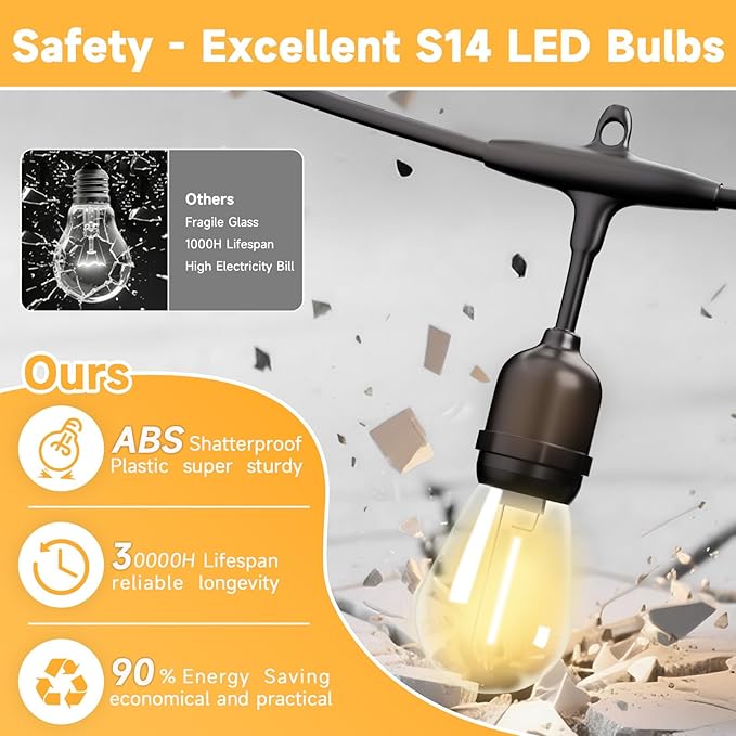 Outdoor Safety String Lights 200FT - Commercial Grade Low Voltage Strand with 80 S14 Shatterproof Bulbs for Tree Garden Yard bistro Cafe | Warm Yellow 3500K Party Lights | IP65 Waterproof | UL Listed