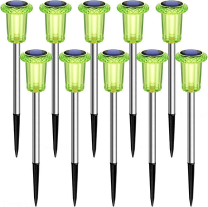 DenicMic Solar Lights Outdoor 10 Pack Waterproof Green LED Stainless Steel Stake Outside Lights for Yard Pathway Garden Driveway Walkway Landscape Path Lighting