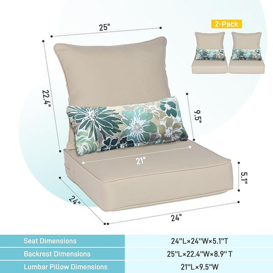 Aoodor Outdoor Chair Cushion, 24 x 24 Inch Water-Resistant, Fade-Resistant Olefin Fabric Patio Seat Cushions with Removable Cover and Adjustable Straps for Outdoor Furniture, Set of 2, Brown