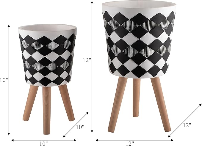 Sagebrook Home Set of 2 Geometric Planters on Stands - Resin & Wood Mid-Century Modern Plant Pots for Indoor/Outdoor Home & Garden Decor - 12" & 10", Black & White G