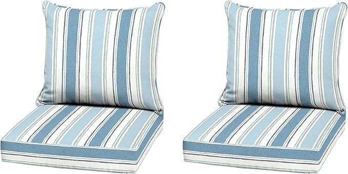 Arden Outdoor Deep Seat Cushion Set (2-Pack), 22 in x 24 in, Weather-Proof, Rain-Proof, Fade Resistant Patio Cushion for Chair, Sofa, and Couch French Blue Linen Stripe