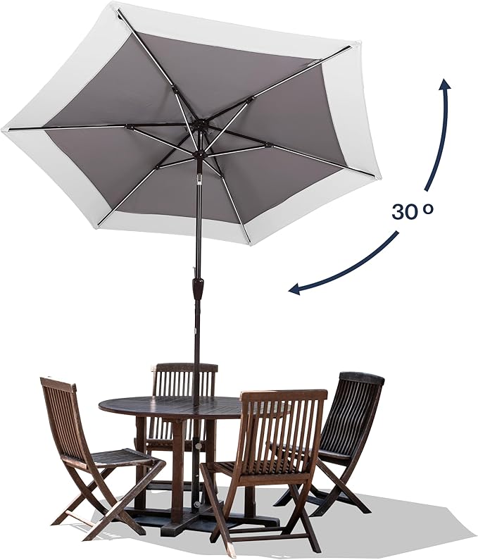 JONATHAN Y UMB1100C Spencer 9 ft. Classic Coastal 2-Tone Solar LED Market Patio Umbrella with 12 LED Strip Lights, Auto-Tilt, Crank Protection in Gray/White