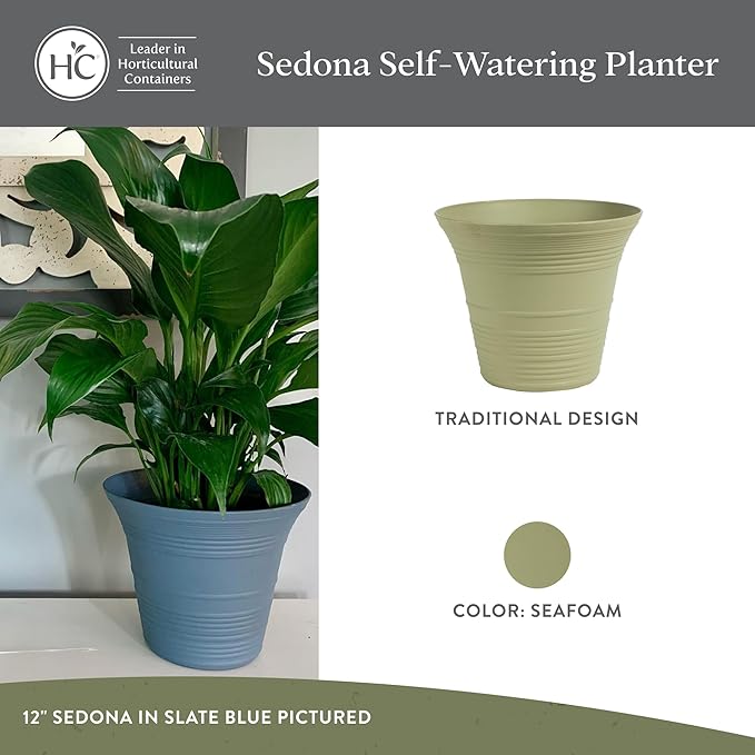 The HC Companies Sedona Round Self-Watering Pot - Lightweight Self Care Planter - Plastic Planter for Herbs & More - Durable Plant Pots for Indoor Plants & Outdoor Plants (9" Seafoam, Pack of 1)
