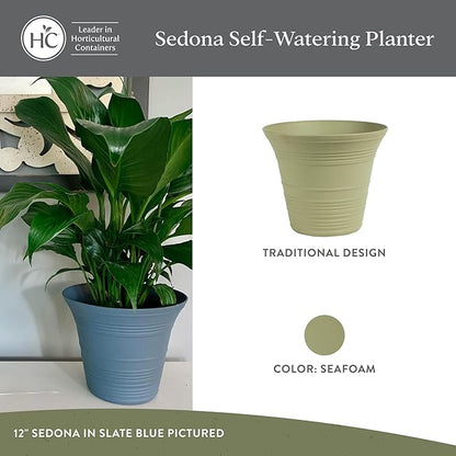 The HC Companies Sedona Round Self-Watering Pot - Lightweight Self Care Planter - Plastic Planter for Herbs & More - Durable Plant Pots for Indoor Plants & Outdoor Plants (9" Seafoam, Pack of 1)