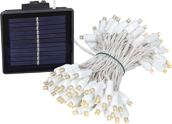 Novelty Lights 100 Light Solar Powered LED Outdoor Mini Light String, 50 Feet on White Wire, Warm White 5mm Bulbs, Automatic Dusk to Dawn Operation