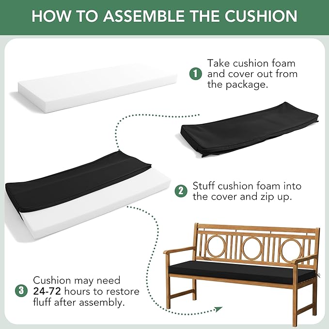 Summsun Outdoor Bench Cushion: Waterproof and Fade Resistant Patio Furniture Cushions - Non-Slip Bench Pad Cushion with Removable Cover for Garden Swing Porch Sofa Settee, 42 x 18 Inch, Black