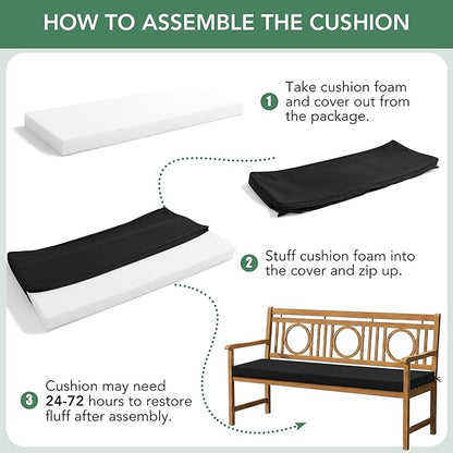 Summsun Outdoor Bench Cushion: Waterproof and Fade Resistant Patio Furniture Cushions - Non-Slip Bench Pad Cushion with Removable Cover for Garden Swing Porch Sofa Settee, 45 x 18 Inch, Black
