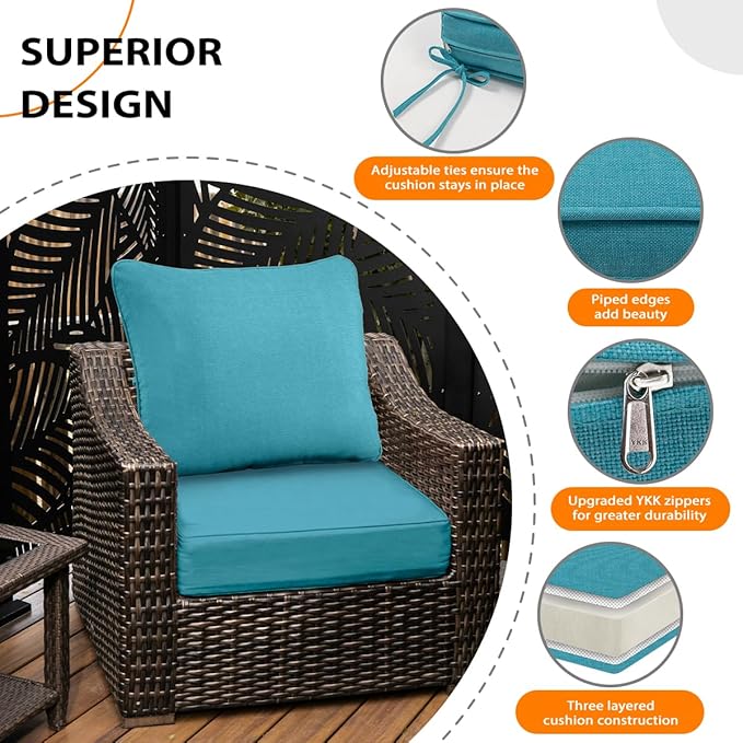 Sundale Outdoor Olefin Deep Seat Cushion, Patio Chair Cushion and Pillow, Water-Resistant Sectional Sofa Pad with Straps Teal, 24 x 24 x 6 Inches