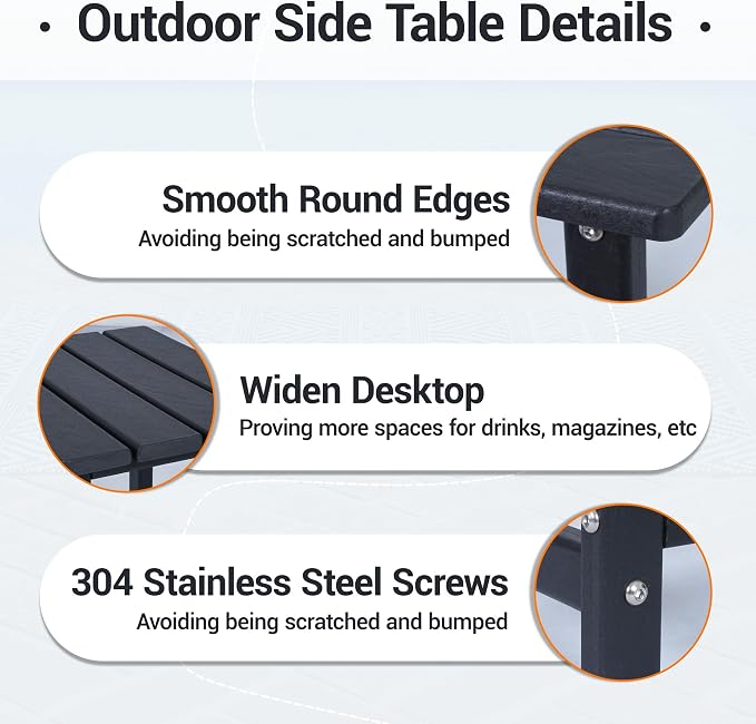 Outdoor Side Table, HDPE Waterproof Patio Side End Tables for Garden, Poolside, Balcony, Deck, Porch, Backyard, Outdoor or Indoor Use, Black, 17.5" L x 12.5" D x 16.5" H