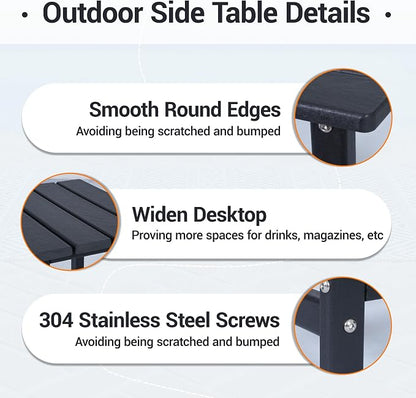 Outdoor Side Table, HDPE Waterproof Patio Side End Tables for Garden, Poolside, Balcony, Deck, Porch, Backyard, Outdoor or Indoor Use, Black, 17.5" L x 12.5" D x 16.5" H