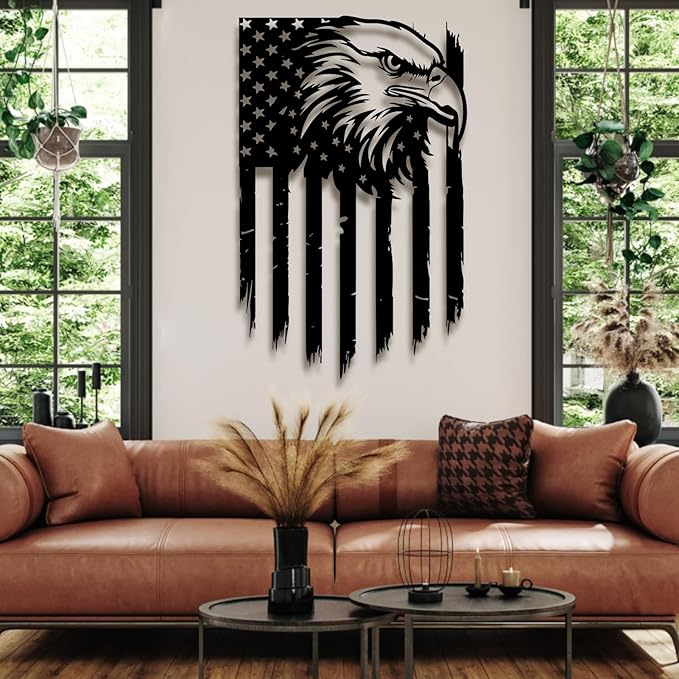 American Eagle Metal Wall Art, US Flag Decor, Large Eagle Wall Sign, Fourth of July Independence Day, Metal Hanging, Patriotic Gift (19x12 inches / 47x29cm, Style 3)