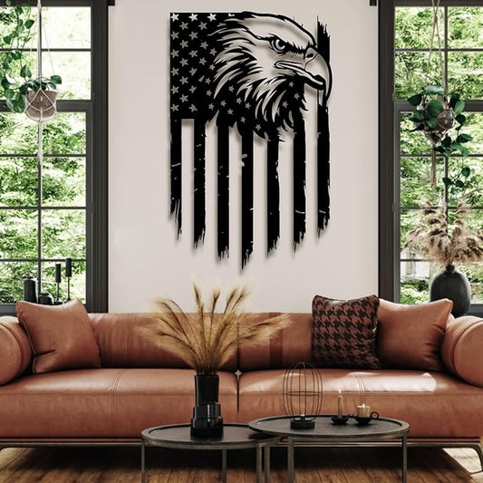 American Eagle Metal Wall Art: Large Eagle Wall Sign for Independence Day, Patriotic Gift (30x19inches / 76x48cm, Style 3)