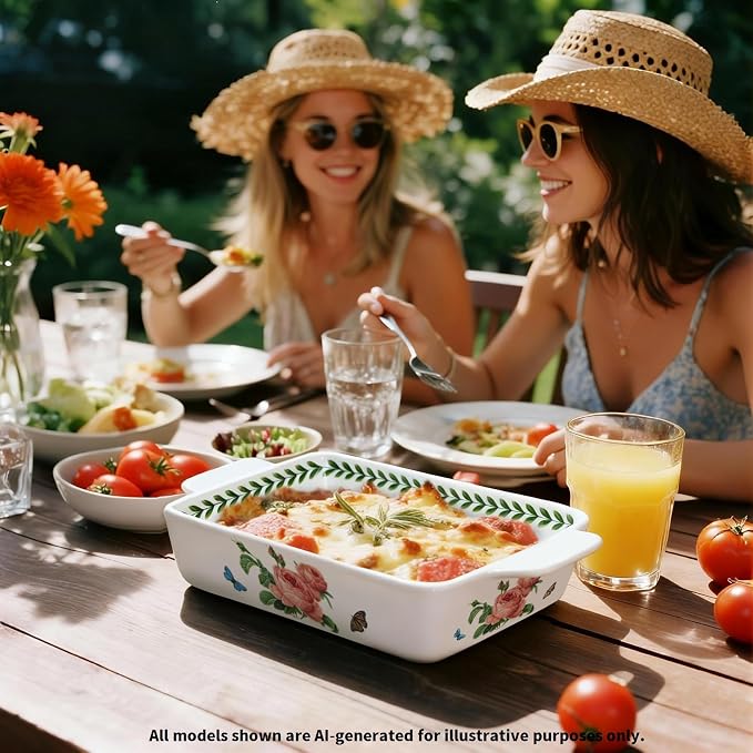 ACMLIFE Ceramic Casserole Dish Set, Ceramic Baking Dish for Oven, Casserole Dish Bakeware Set, Casserole Dishes for Oven, Lasagna Pan, Large Baking Dishes with Handles, Microwave, Dishwasher Safe, Gift Packaging Floral 2 Pcs Set(13"x8"+10.3"x6.3") (Rose)