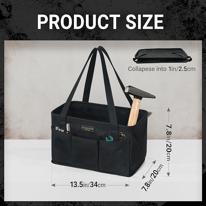 Tool Pouch, Heavy Duty 16oz Waxed Canvas Tool Bag, Rectangle Foldable Open Top Tool Bags with Handles, 7 Pockets | 13.5 x 7.8 x 7.8 Inches