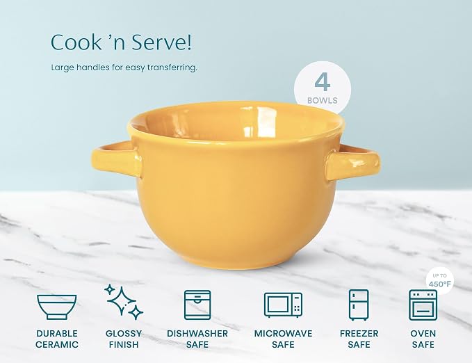KooK French Onion Soup Bowls, Crocks, Oven Safe Bowls, Soup Mugs, Ceramic Bowls, Dishwasher, Microwave, Set of 4, 18 oz (Yellow)