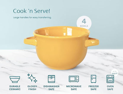 KooK French Onion Soup Bowls, Crocks, Oven Safe Bowls, Soup Mugs, Ceramic Bowls, Dishwasher, Microwave, Set of 4, 18 oz (Yellow)