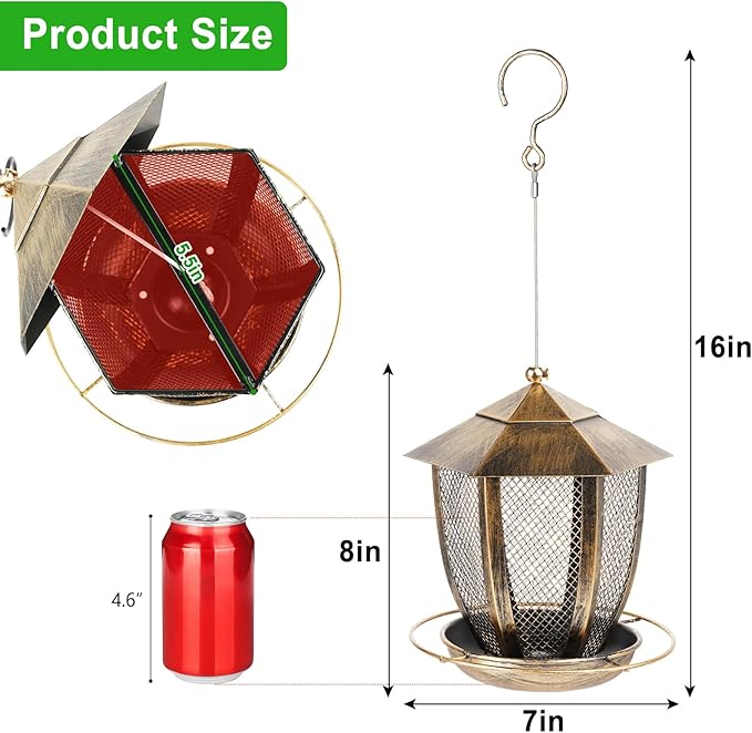 LBTING Bird Feeder for Outside, Hexagon Lantern-Shaped Metal Bird Feeder, Wild Bird Feeders for Hanging Outdoor Garden Yard