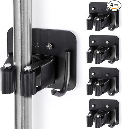 Stainless Steel Broom Holder, Heavy Duty, Rust Resistant, 4 Gripper Positions with 4 Hooks, Black