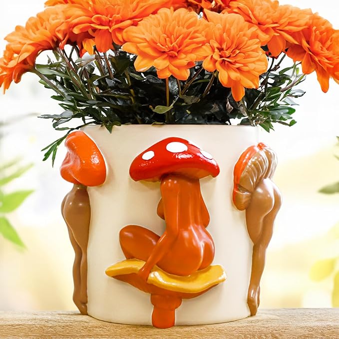 GUGUGO Mushroom Lady Body Plant Pots, Quirky Unique Cute Planters and Boho Funky Eclectic Home Decor, Mushroom Butt Flower Pots, Indoor Succulent Planter, Modern Aesthetic for Decorating, White Back