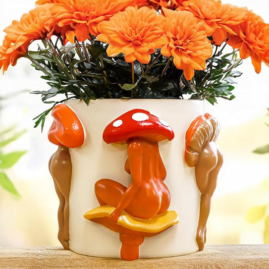 GUGUGO Mushroom Lady Body Plant Pots, Quirky Unique Cute Planters and Boho Funky Eclectic Home Decor, Mushroom Butt Flower Pots, Indoor Succulent Planter, Modern Aesthetic for Decorating, White Back