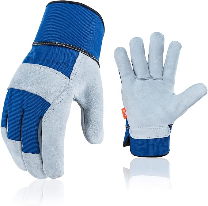 Vgo 1-Pair Safety Leather Work Gloves for Men - Gardening, Rigger, Builder Gloves (Size M, Blue, CB3501)