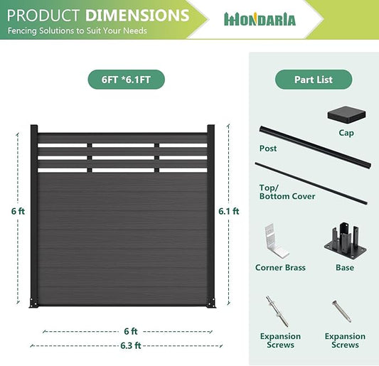Mondaria Semi-Closed Privacy Fence Panels with 2 Posts for Outside, 6ft(W) x 6ft(H), Wind Resistant Wood Plastic Composite Fencing Panels for Patio, Backyard, Garden and Pool, Sliver Gray