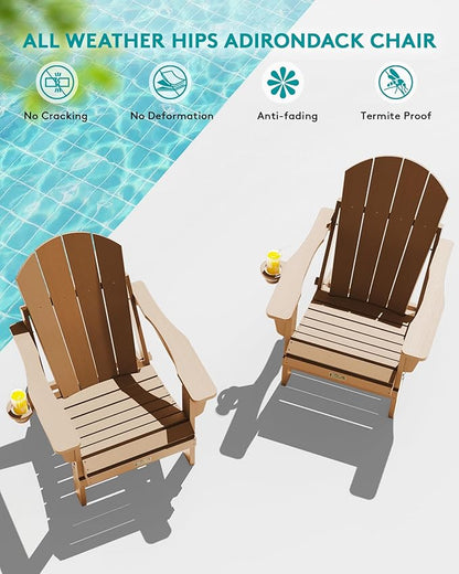 SERWALL Folding Adirondack Chair Set of 2 Outdoor Chairs Painted Adirondack Chair with Cup Holder Weather Resistant for Patio Deck Garden, Backyard Deck, Fire Pit- Brown