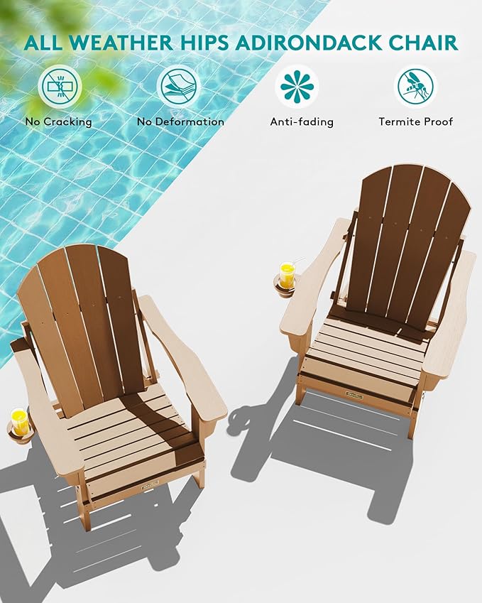 SERWALL Folding Adirondack Chair, All Weather Adirondack Chairs with Cup Holder for Patio Garden Outdoors Fire Pit Chair - Brown