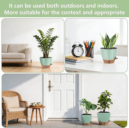 Self Watering Planters Set with Water Level Indicator, 12" 10" 9" 8" Large Plastic Flower Pots with Mesh Drainage Hole and Removable Saucer Reservoir for Indoor Outdoor Plants (Green)
