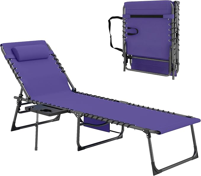 Outsunny Folding Chaise Lounge Chair Outdoor Tanning Chair with Side Table, 5-Level Adjustable Beach Lounge Chair with Headrest, Side Pocket for Patio, Backyard, Beach, Poolside, Purple