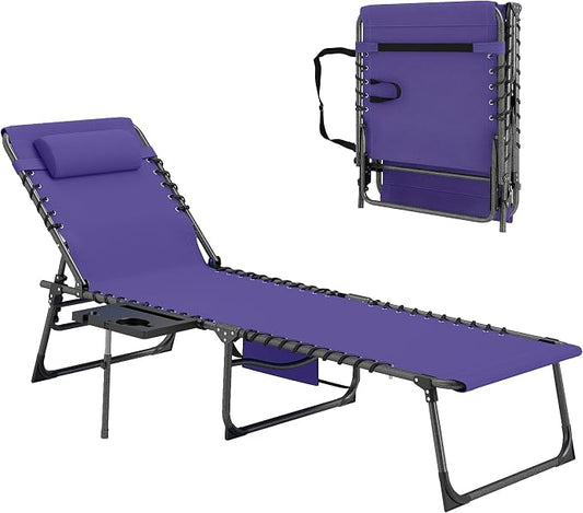 Outsunny Folding Chaise Lounge Chair Outdoor Tanning Chair with Side Table, 5-Level Adjustable Beach Lounge Chair with Headrest, Side Pocket for Patio, Backyard, Beach, Poolside, Purple