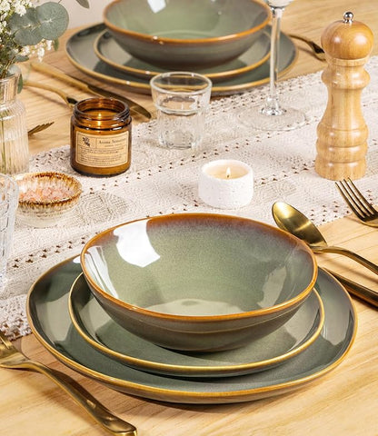 TheTerra Ceramic Dinnerware Set for 4, 12-Piece Plates and Bowls Set | Lightweight Porcelain Dish Set, Scratch Resistant, Oven & Microwave & Dishwasher Safe, Sage Umber