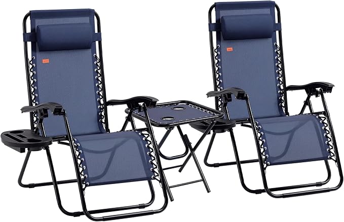 Outsunny Zero Gravity Chair Set with Side Table, Folding Reclining Chair with Cupholders & Pillows, Adjustable Lounge Chairs for Pool, Backyard, Lawn, Beach, Blue