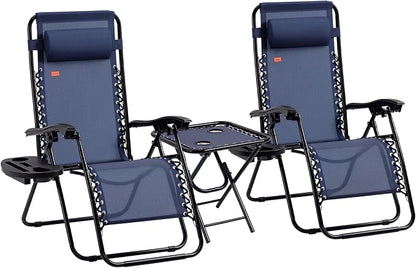 Outsunny Zero Gravity Chair Set with Side Table, Folding Reclining Chair with Cupholders & Pillows, Adjustable Lounge Chairs for Pool, Backyard, Lawn, Beach, Blue