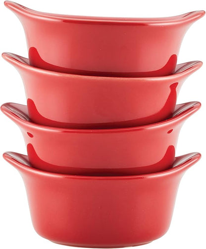 Rachael Ray Solid Glaze Ceramics Round Ramekins/Dipping Cup Set, 4 Piece, Red