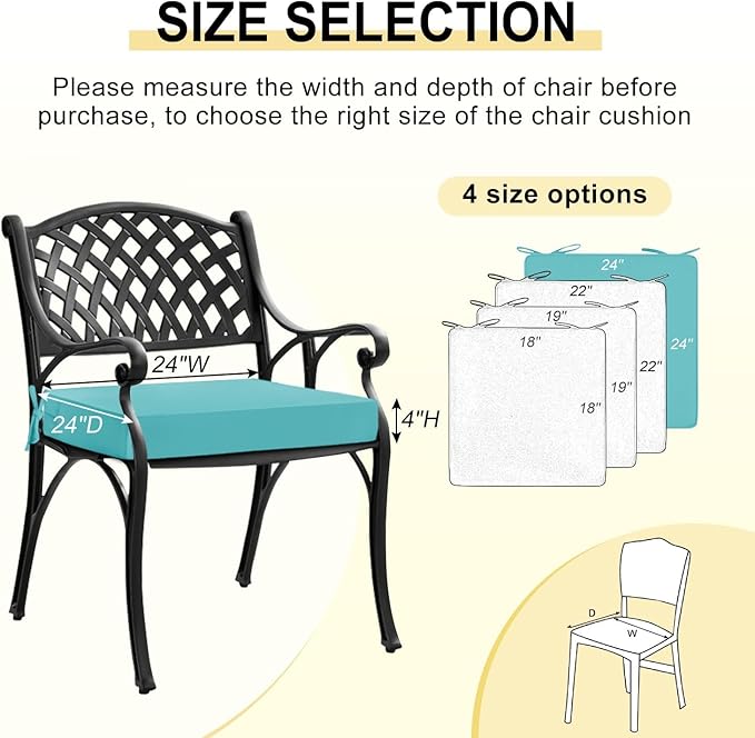 downluxe Waterproof Outdoor Chair Cushions for Patio Furniture, 24" x 24" x 4" Patio Chair Cushion with Adjustable Ties & Portable Handle, Square Outdoor Cushion with Removable Cover, Teal, 2 Pack