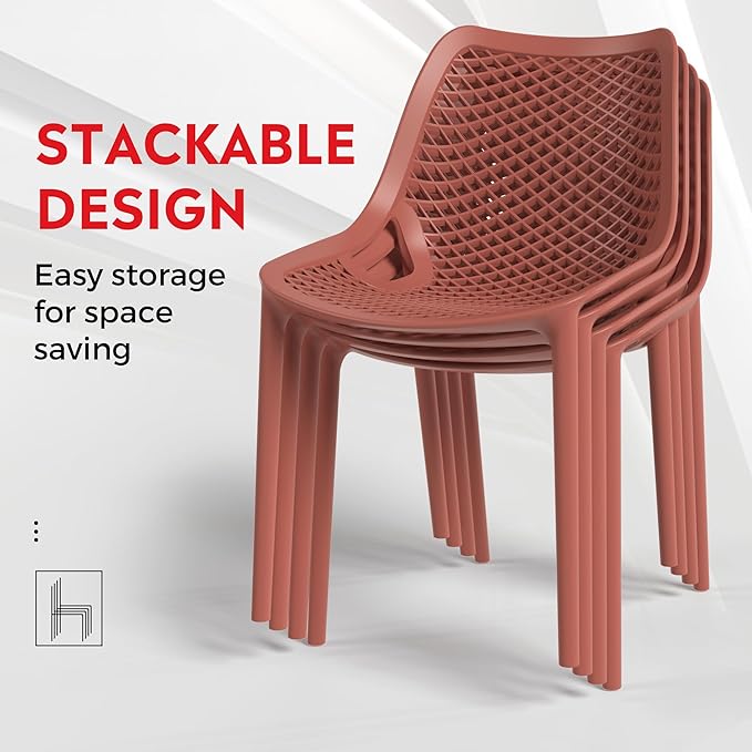 Costaelm Dining Table for 4 with Chair, HDPE Patio Round Dining Table and Stackable Chair, Outdoor Patio Furniture All Weather for Backyard Porch Poolside, Red