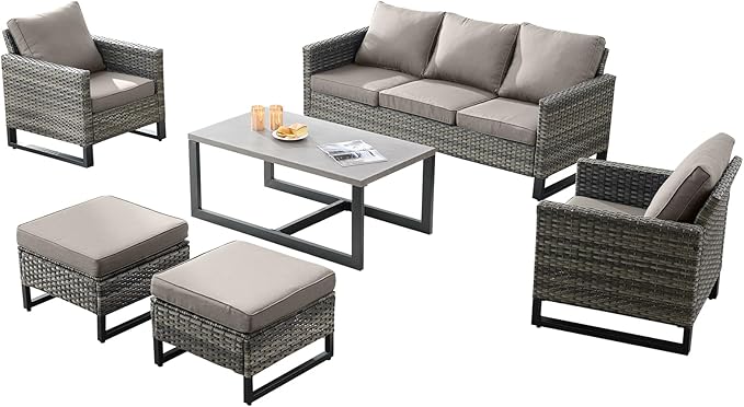 Rilyson Wicker Outdoor Patio Furniture Set - 6 Piece Patio Conversation Set with 2 Armrest Chairs,2 Rattan Ottoman,1 Couch and 1 Metal Side Table for Outside Porch Deck Backyard(Mixed Grey/Grey)