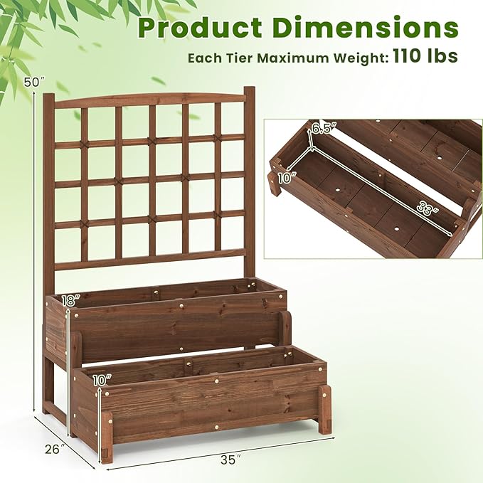 Giantex 2 Pcs Raised Garden Bed with Legs and Trellis, 2-Tier Standing Planter Box with Drain Holes, Outdoor Elevated Garden Trellis for Vine Climbing, Flower Vegetable Fruit Herb Growing