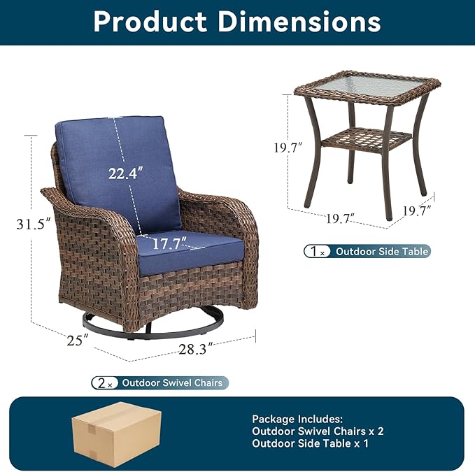 Patio Wicker Chairs Swivel Rocker Outdoor Rocking Chairs Set of 3 Rattan Furniture Set with Thick Cushion, Side Tables for Balcony Deck Backyard, Blue