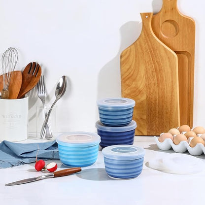 Selamica Ceramic Ramekins with Lids, 10 OZ Creme Brulee Ramekins with Covers Oven Safe, Custard Cups Small Baking Bowls for Souffle, Pudding, Onion Soup, Dips, Set of 6, Gradient Blue