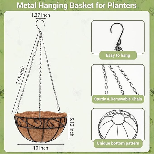 2 Pack 10 inch Metal Hanging Baskets for Plants Outdoor, Hanging Planters Basket with Coco Liners, Hanging Baskets Flower Pots for Garden, Patio, Deck, Porch Plants