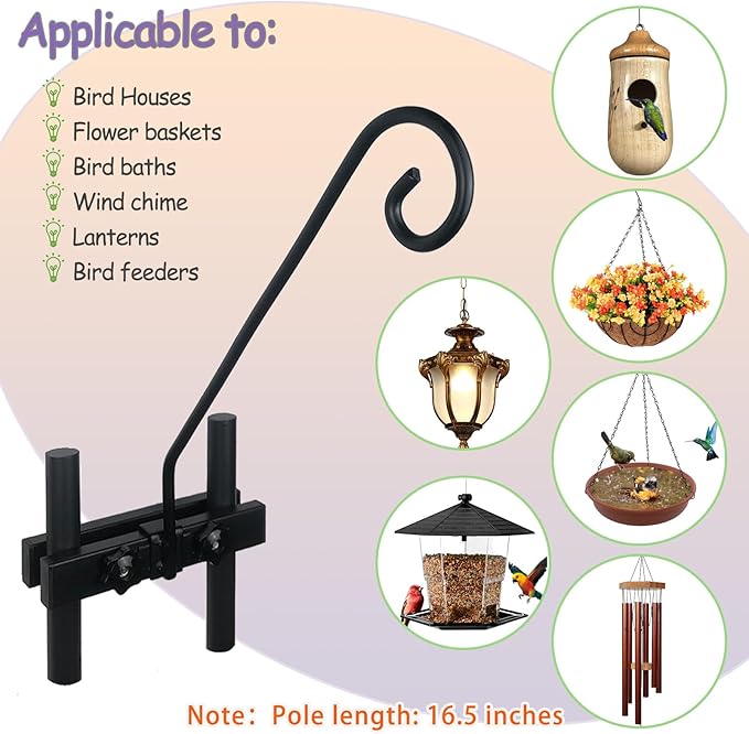 Deck Hook Rail Suitable for Hanging Flower Baskets Wind Chimes Planters Bird Feeders Lights, Heavy Duty Pole Long 16.5 inches Holds up to 15lbs with Ease（2pcs）