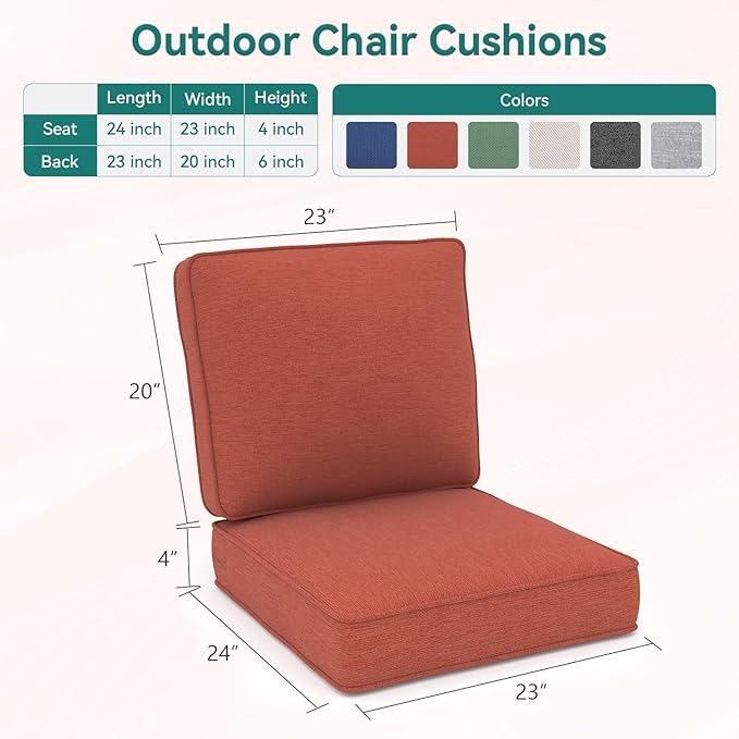 Outdoor Chair Cushions 23" x 24" x 4", Patio Deep Seat Replacement Cushions Set with Zippered Removable Cover, Weather-Resistant Olefin Fabric for Garden Chair Sofa Couch, Set of 3, Red